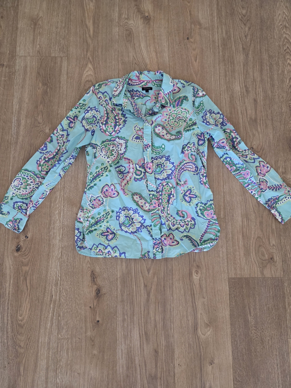 Talbots Aqua Paisley Button-Down Shirt with Pink and Green Accents